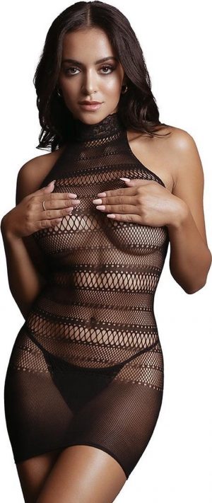 LE DESIR High Lace Neck Net Mini Dress-Black