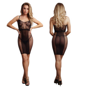 LE DESIR Knee-Length Lace & Fishnet Dress - Black