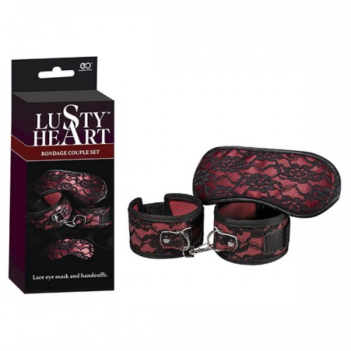 Lusty Heart Cuffs + Eyemask - Red